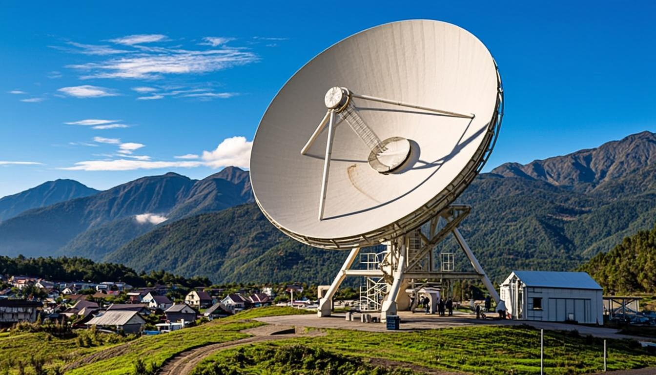 Antena de comunicación satelital en zona montañosa colombiana